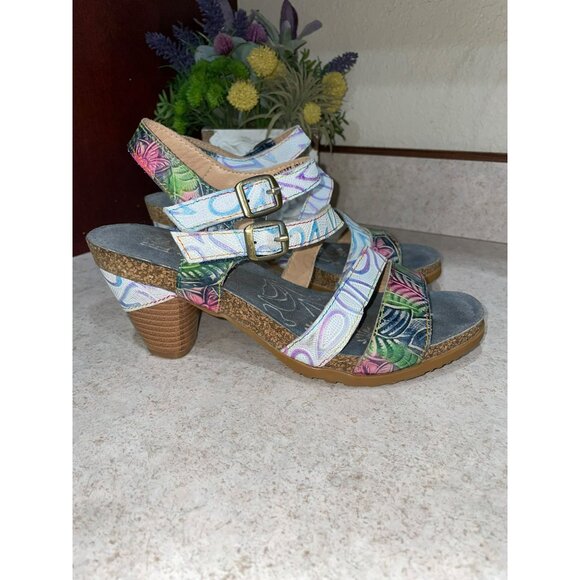 L’Artiste Bakiki Womens Genuine Leather Multicolor Strappy Sandals With Cork Sol - Picture 4 of 7
